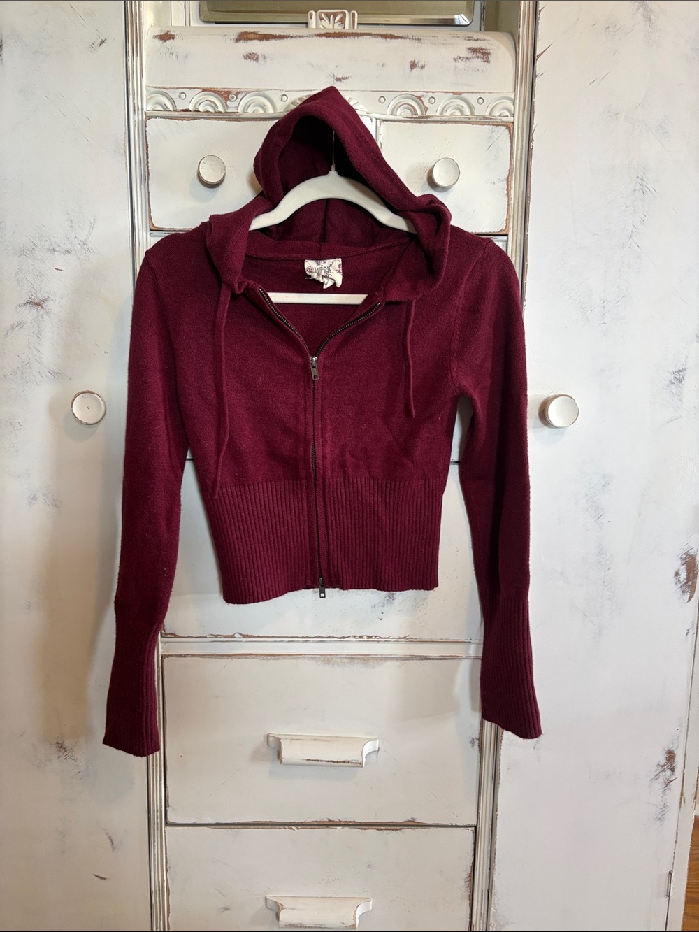 Hippie Rose Burgundy Zip-Up Hooded Knit Top  -Crop double zip